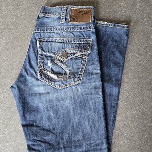 Silver Jeans Distressed Zac Flap Boot Cut Jeans Size 34x34